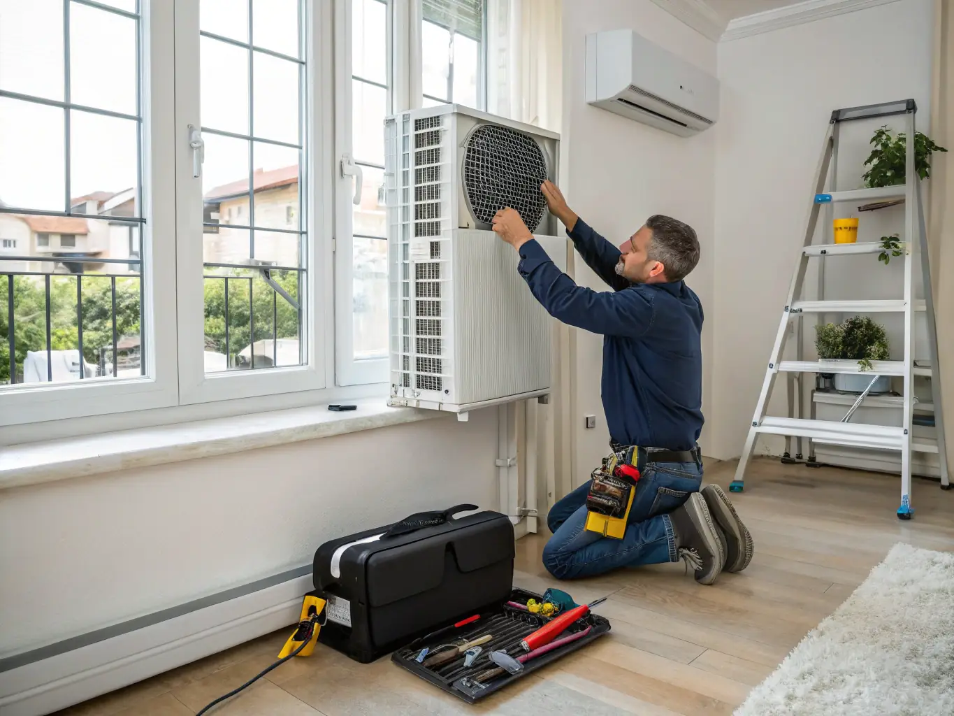 A modern HVAC unit being installed in a residential home, showcasing the clean and efficient installation process by MKTM Contracting.