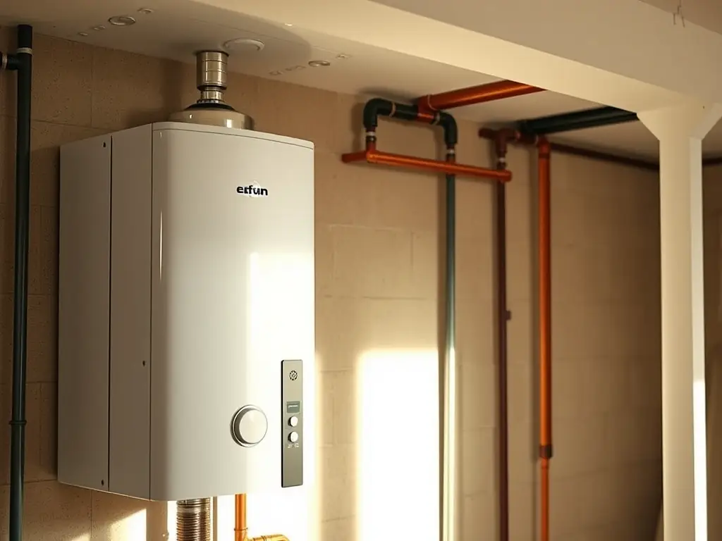 A newly installed water heater in a residential basement, demonstrating MKTM Contracting's water heater services.